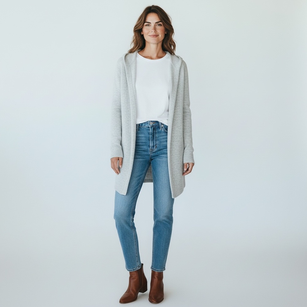 Minnie Rose 100% Cashmere Hooded Cardigan Gray Medium